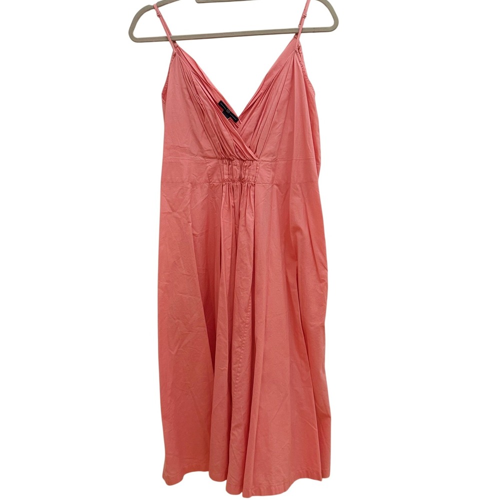 Gap Women Coral Pink Cotton Pleated V-Neck Midi Festival Boho Sundress 14